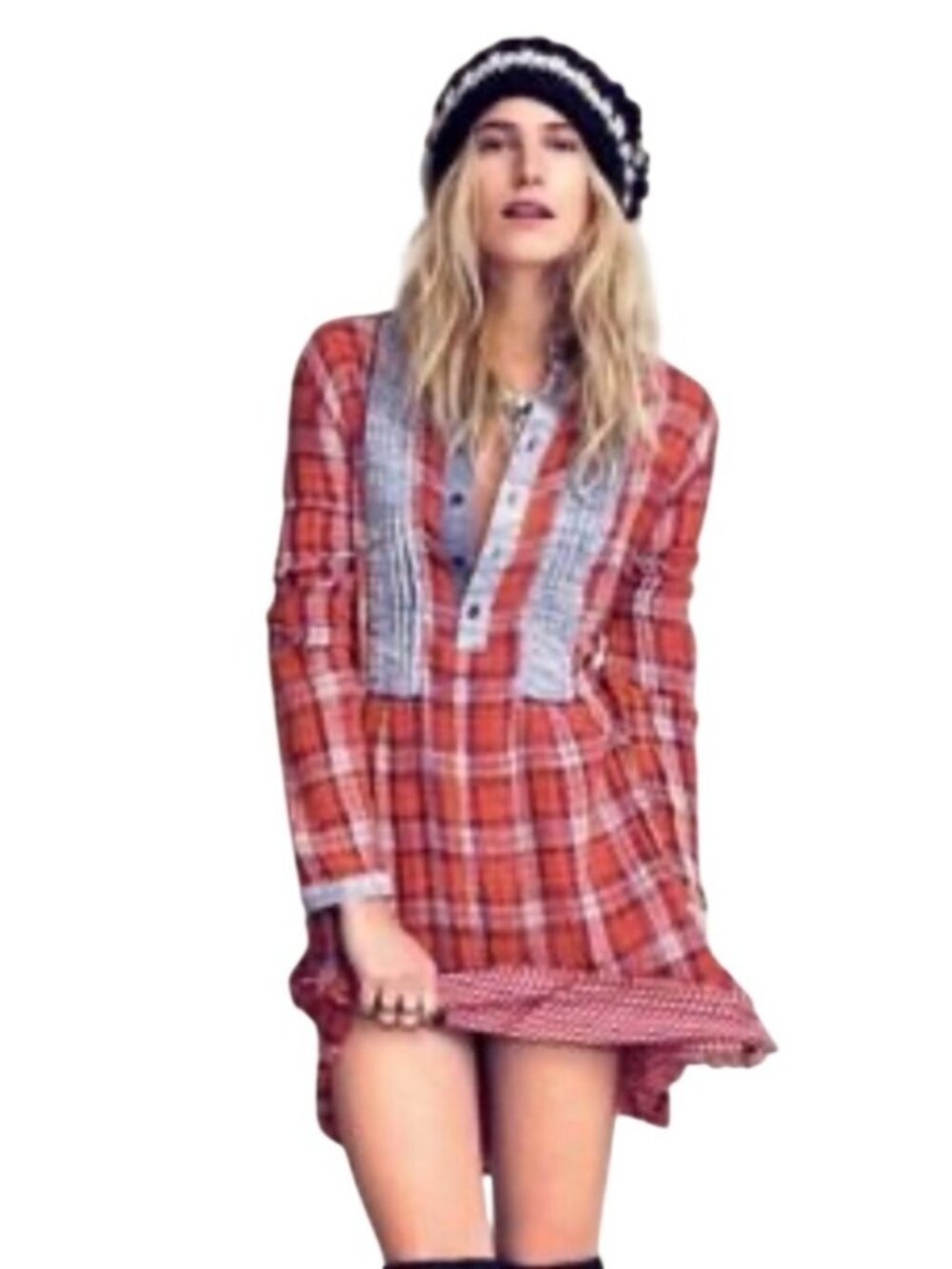 Free People Artisan De Luxe Red Plaid Tunic Dress Blue Pleated Details Button Fr